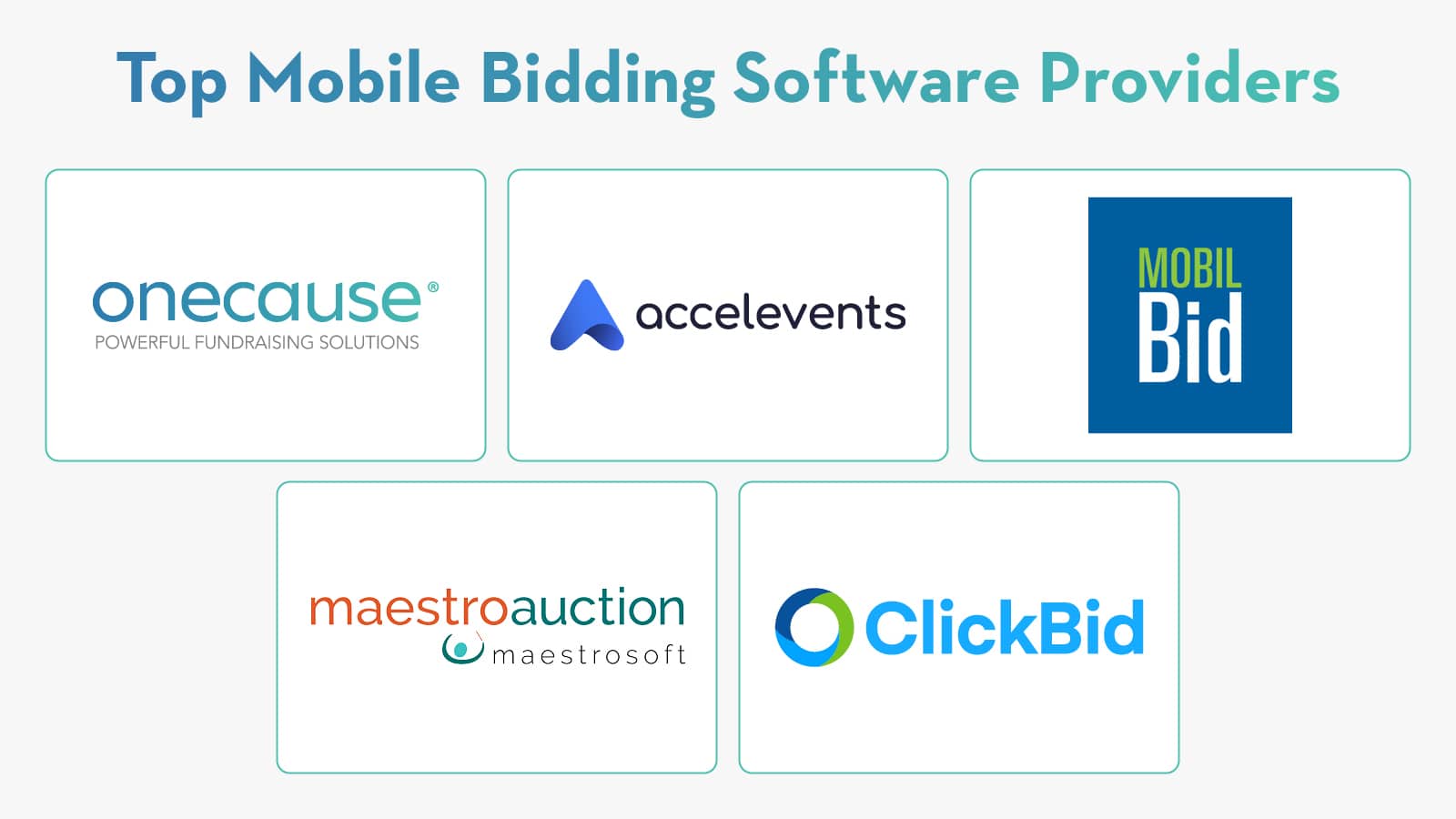 Logos of the five mobile bidding software solutions in this guide: OneCause, Accelevents, MobilBid, Event.Gives, and Clickbid. 