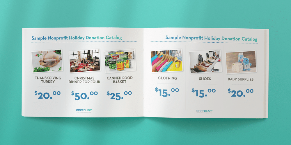 A sample holiday donation catalog for nonprofits, with items listed out in the text below.