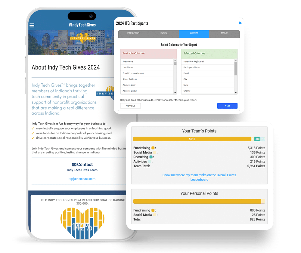 Screenshot of analytics for a campaign hosted with OneCause peer-to-peer fundraising software